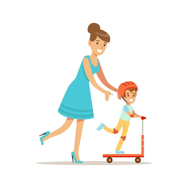 Mãe ajudando filho montar um scooter, mãe amorosa desfrutando de boa qualidade mamãe tempo com criança feliz —  Vetores de Stock