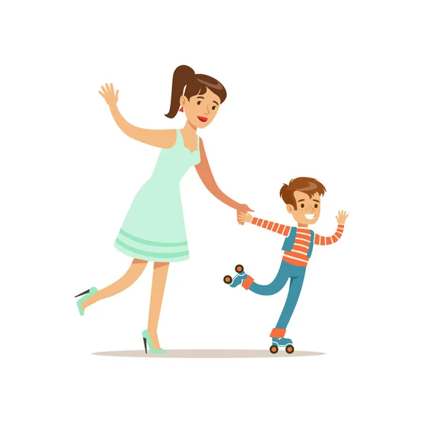 Μαμά και γιος κυλίνδρου πατινάζ, αγαπώντας μητέρα απολαμβάνει καλής ποιότητας μαμά χρόνο με Happy Kid — Διανυσματικό Αρχείο