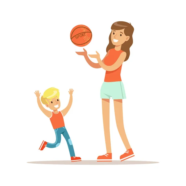 Mãe e filho jogando basquete, mãe amorosa desfrutando de boa qualidade mamãe tempo com criança feliz —  Vetores de Stock