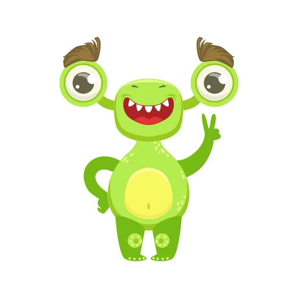 Monstruo divertido sonriendo y mostrando el gesto de paz, etiqueta de personaje de dibujos animados Emoji alienígena verde — Archivo Imágenes Vectoriales