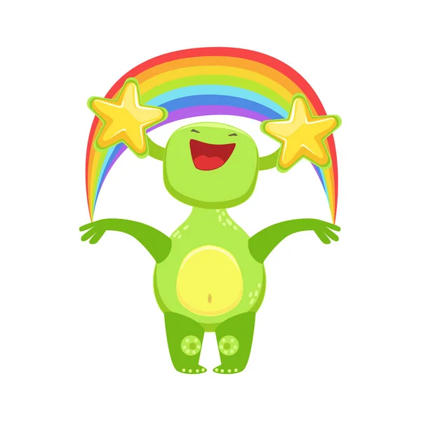 Funny Monster se stjerner og regnbue, Green Alien Emoji tegneseriefigur klistermærke – Stock-vektor