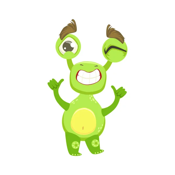 Cool Funny Monster Teethy Smile, Etiqueta de personaje de dibujos animados Emoji alienígena verde — Vector de stock