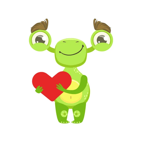 Monstruo divertido sonriendo sosteniendo el corazón rojo, verde Alien Emoji etiqueta de personaje de dibujos animados — Vector de stock