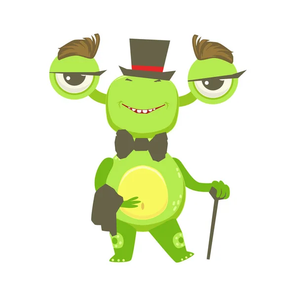 Caballero divertido monstruo con sombrero superior y corbata de lazo, etiqueta engomada de personaje de dibujos animados Emoji alienígena verde — Vector de stock