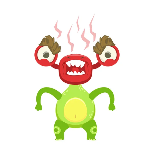 Funny Monster Fuming With Rage, Green Alien Emoji Cartoon Character Sticker — Stock Vector