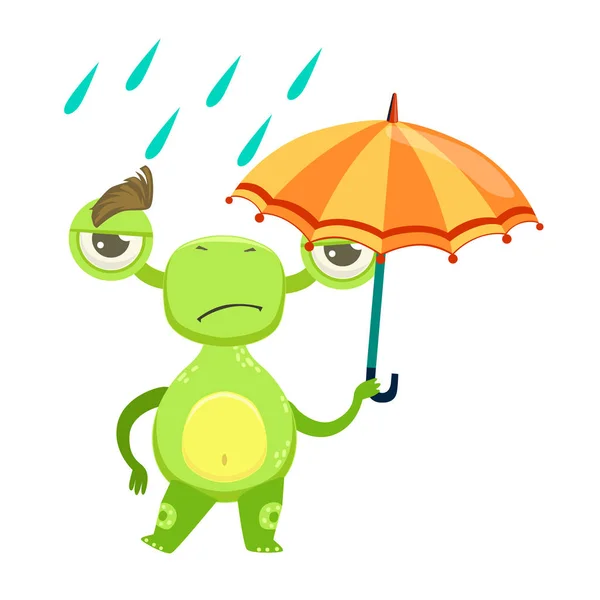 Legrační smutná, chůzi v dešti s deštníkem, zelená mimozemská Emoji kreslená postava nálepka Monster — Stockový vektor