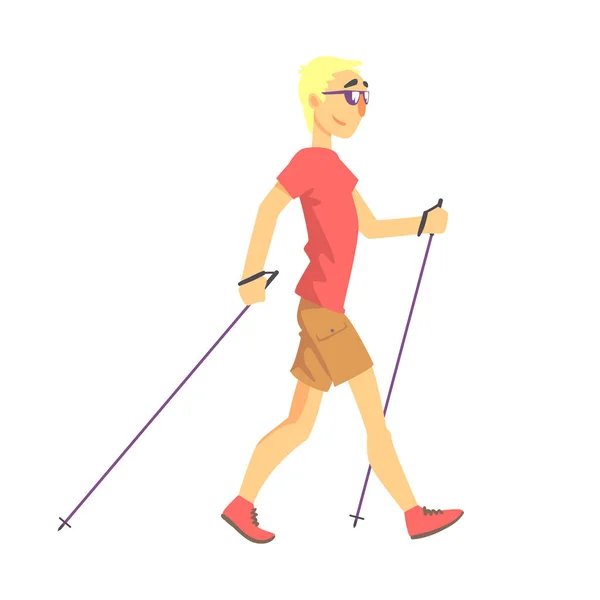 Szőke férfi árnyalatok tesz Nordic sétával szabadban illusztráció — Stock Vector