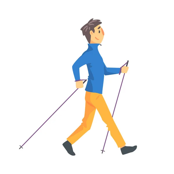 Man In blauw lange mouw Ad gele broek doen Noordse lopen buiten illustratie — Stockvector