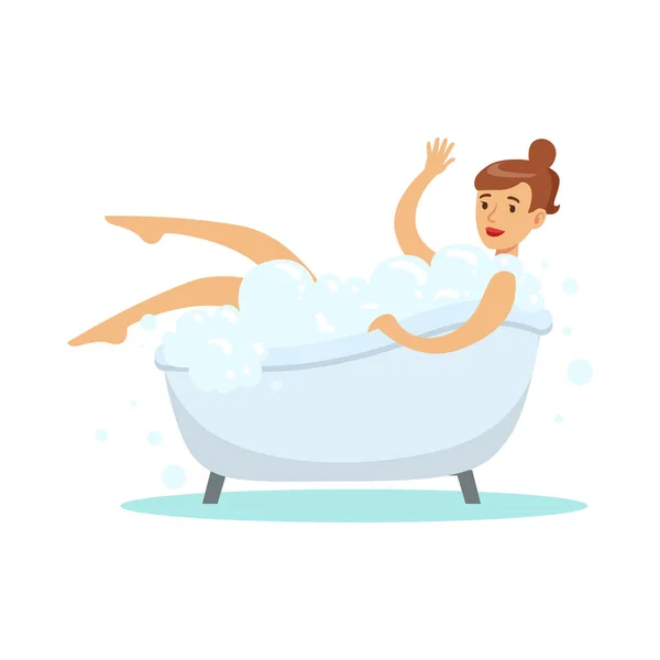 Mujer tomando baño de burbujas, parte de la gente en el baño haciendo su serie de procedimientos de higiene rutinaria — Vector de stock