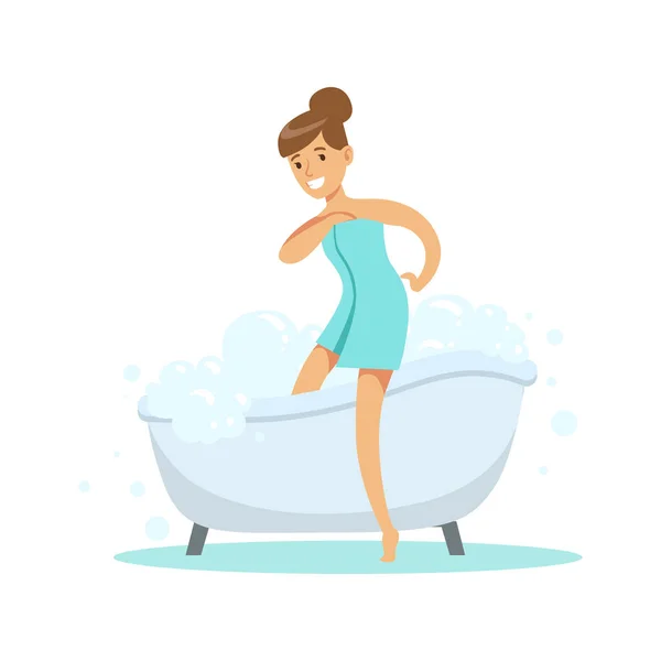 Girl Going Out OF Bathtub, Part Of People In The Bathroom Doing Their Routine Hygiene Procedures Series — Stock Vector