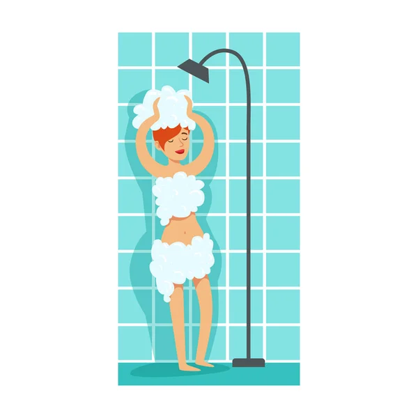 Girl Covered In Foam Taking Shower, Part Of People In The Bathroom Doing Their Routine Hygiene Procedures Series — Stock Vector