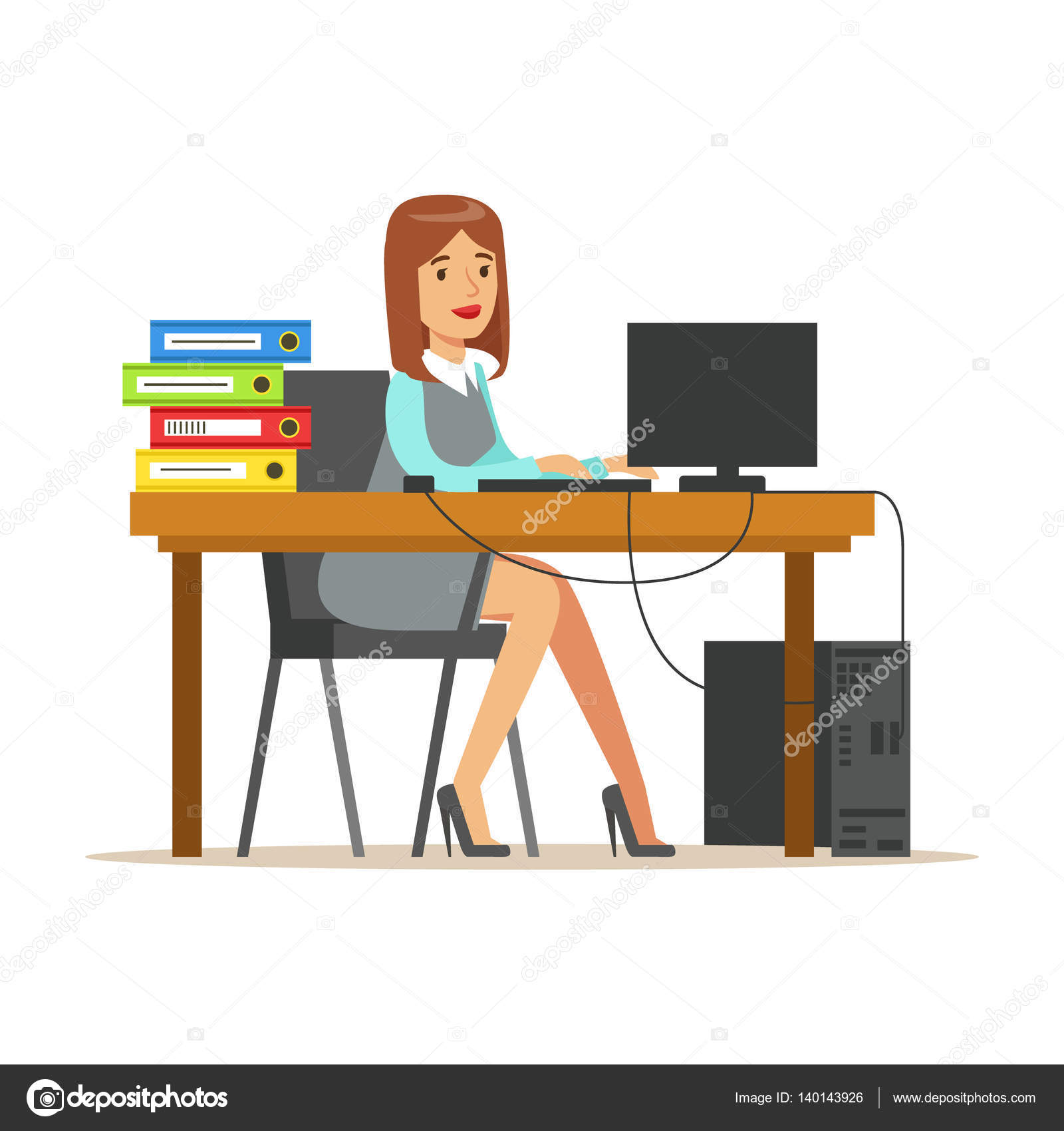 Woman Working At Her Desk With Computer And Folders Part Of