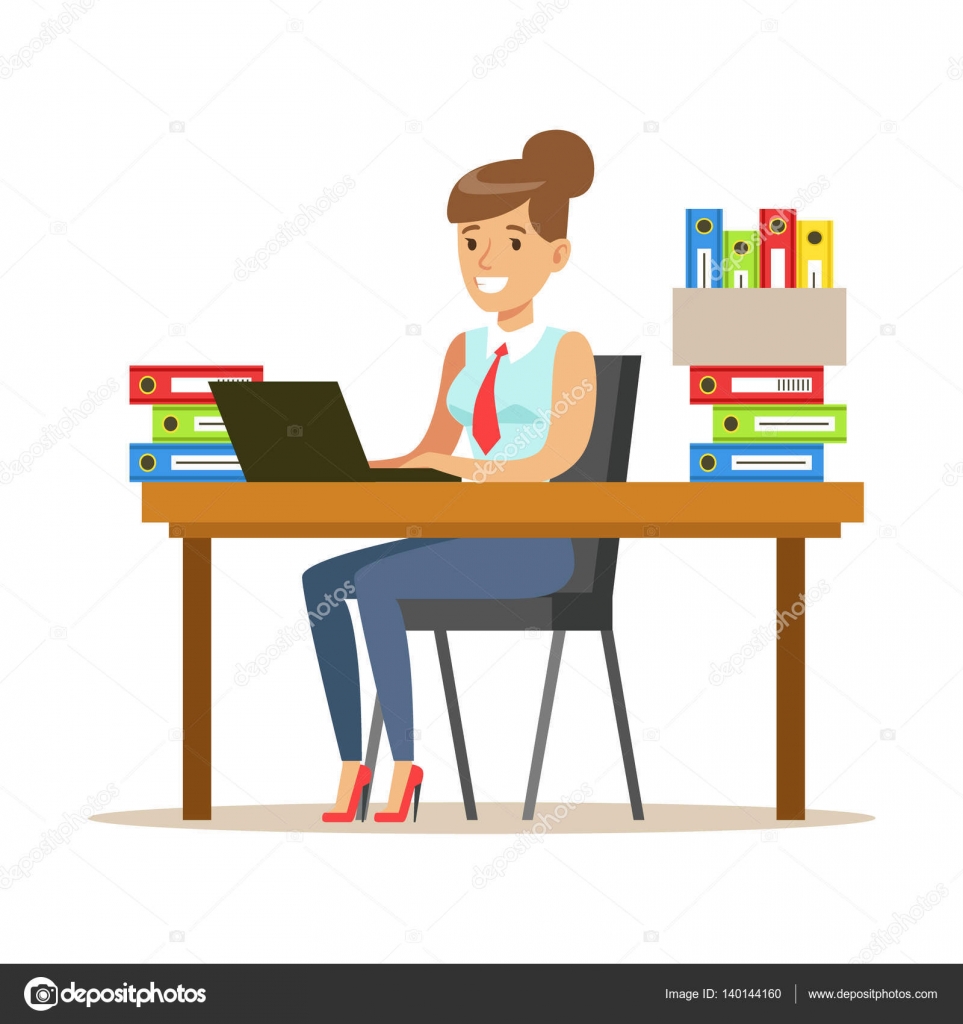 Woman Working At Her Desk With Computer And Folders Part Of