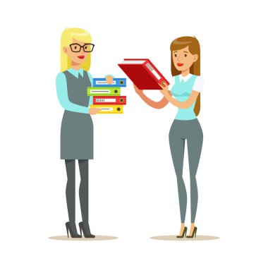 Kadın arkadaşları evrak, çizgi film karakterleri resmi giyim ofis işçi serisinin parçası paylaşımı