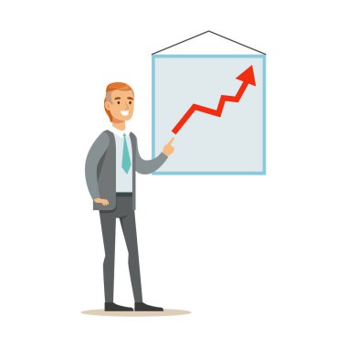 Pazarlama uzmanı grafik, çizgi film karakterleri resmi giyim ofis işçi serisinin parçası ile sunum yapıyor