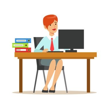 Bilgisayar ve klasörlerle, çizgi film karakterleri resmi giyim ofis işçi serisinin parçası onun masasında çalışan kadın