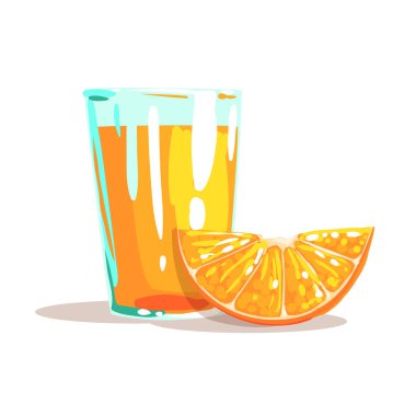 Bardak taze portakal suyu ve portakal yanında dilim stil parlak illüstrasyon serin