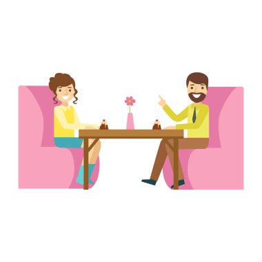 Erkek ve kadın romantik Tarih, kişi bir tatlı tatlı pasta Cafe vektör gösterimde olan gülümseyen