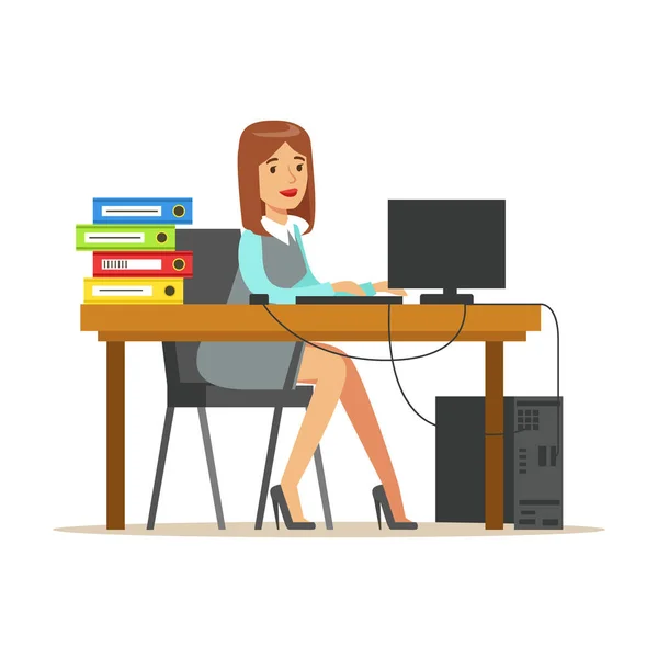 Frau, die an ihrem Schreibtisch mit Computer und Ordnern arbeitet, Teil einer Serie von Büroangestellten mit Comicfiguren in offizieller Kleidung — Stockvektor