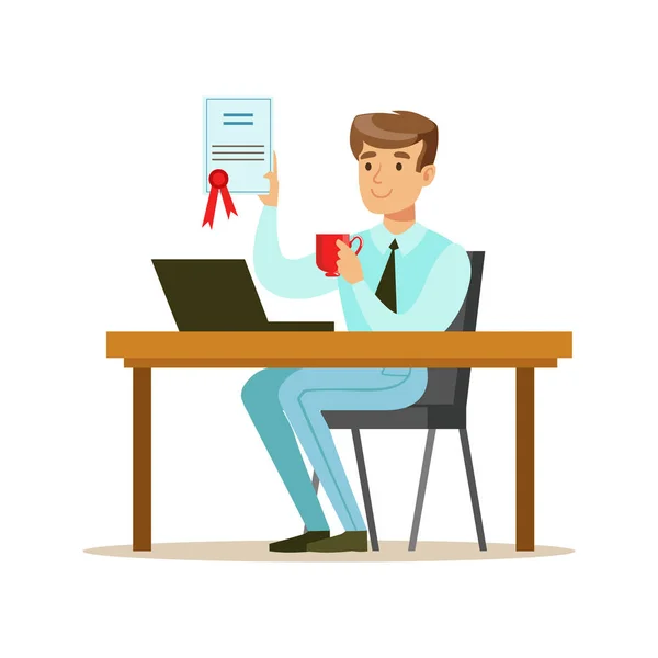 Man Drinking Coffee With Finished Signed Contract, Part Of Office Workers Series Of Cartoon Characters In Official Clothing (dalam bahasa Inggris). - Stok Vektor