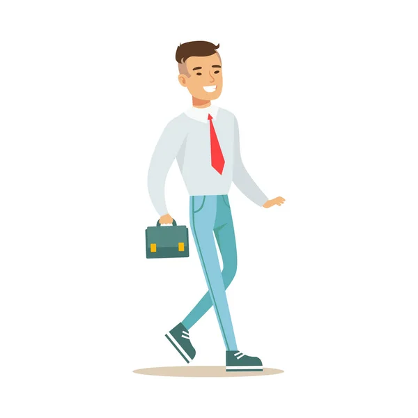 Man With Suitcase Going To Work, Part Of Office Workers Series Of Cartoon Characters In Official Clothing - Stok Vektor