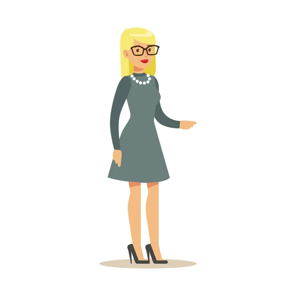 Femme blonde en lunettes en robe grise, faisant partie de la série des travailleurs de bureau de personnages de bande dessinée en vêtements officiels — Image vectorielle