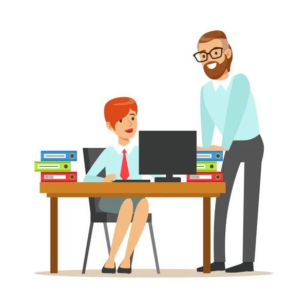 (Inggris) Woman Sitting At Her Desk Talking With Male Colleague, Part Of Office Workers Series of Cartoon Characters In Official Clothing - Stok Vektor