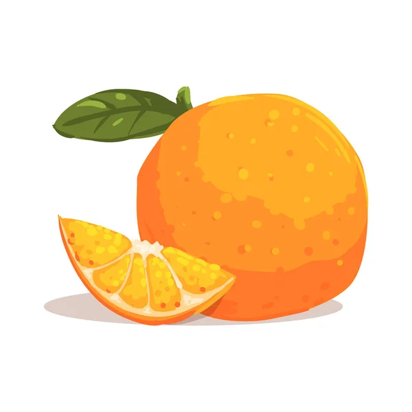 Taze tam Bahçe turuncu yaprak ve yanında portakal dilimi ile serin stil parlak illüstrasyon — Stok Vektör