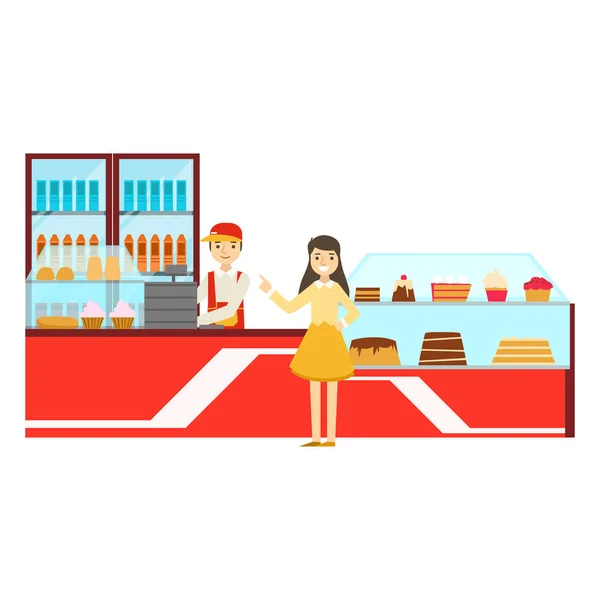 Mujer ordenando en el mostrador, sonriendo persona teniendo un postre en dulce pastelería Café Vector Ilustración — Vector de stock