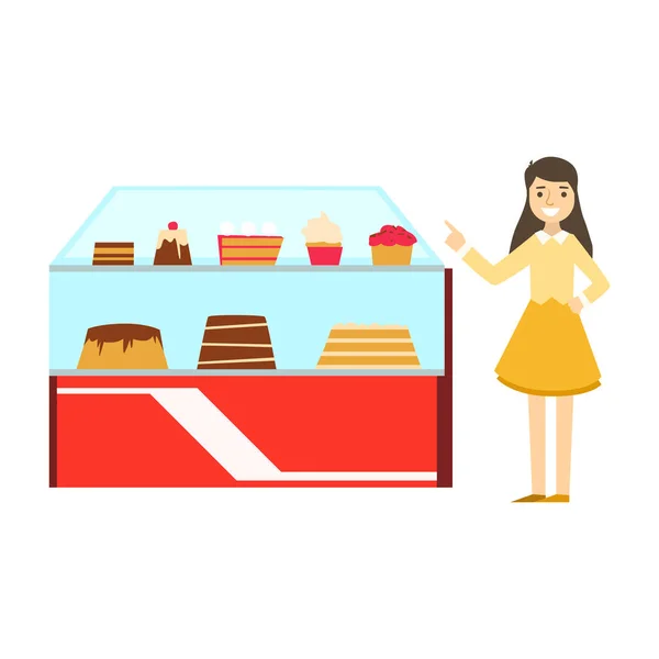 Mujer de pie junto a mostrar caso con surtido de pasteles, persona sonriente tener un postre en dulce pastelería Café Vector Ilustración — Vector de stock