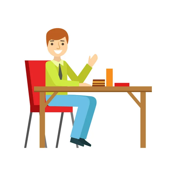 Man alleen aan de tafel eten taart, lachend persoon met een Dessert In zoet gebak Cafe vectorillustratie — Stockvector