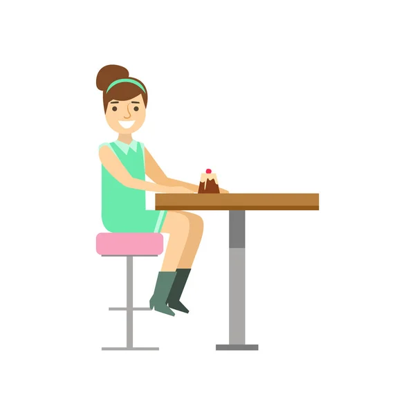 Mujer joven comiendo magdalena sola, sonriendo persona teniendo un postre en dulce pastelería Café Vector Ilustración — Archivo Imágenes Vectoriales