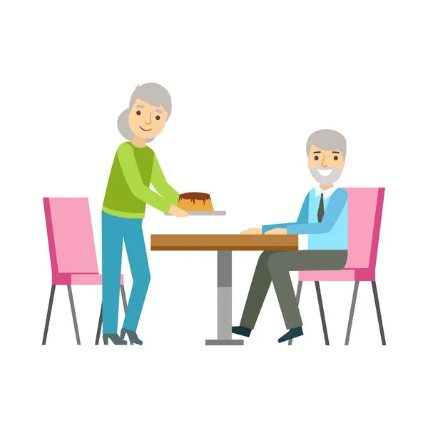 Vieja pareja comiendo pastel en la mesa, sonriendo persona tener un postre en dulce pastelería café vector ilustración — Archivo Imágenes Vectoriales