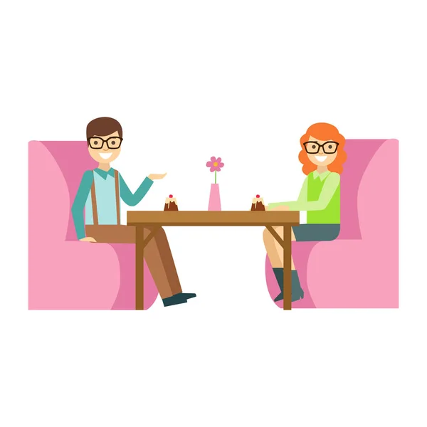 Pareja en gafas en una cita comiendo un pastel, persona sonriente teniendo un postre en dulce pastelería Café Vector Ilustración — Vector de stock