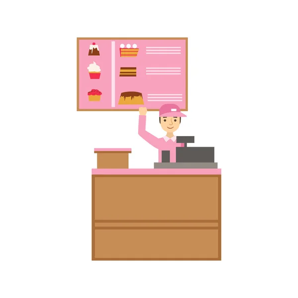 Pracovník v růžové uniformě s pokladnou a dort sortiment Menu, usmíval se osoba s dezert ve sladké pečivo Cafe vektorové ilustrace — Stockový vektor