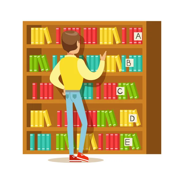 Hombre eligiendo un libro de la librería, persona sonriente en la biblioteca Vector Ilustración — Vector de stock