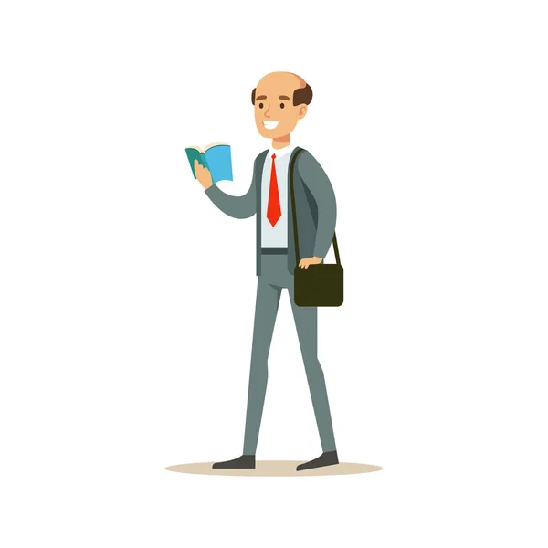 Bold Man Teacher Walking Reading A Book, Smiling Person In The Library Vector Illustration - Stok Vektor