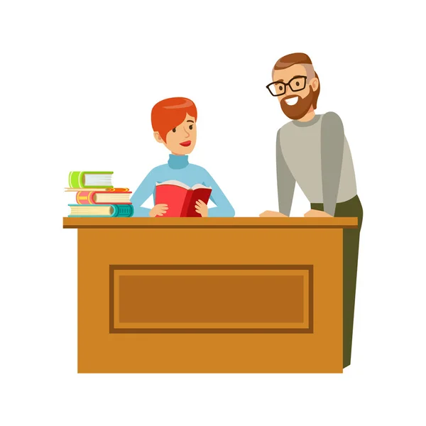 Man flirten met vrouw lezen boek aan de tafel, lachend persoon In de bibliotheek vectorillustratie — Stockvector