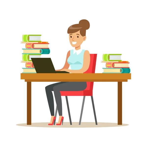 Woman With Lap Top At The Desk Surrounded By Piles Of Books, Smiling Person In The Library Vector Illustration (dalam bahasa Inggris) - Stok Vektor