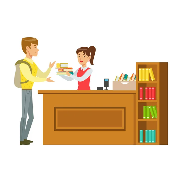 Man Taking The Books Fro The Librarian, Smiling Person In The Library Vector Illustration — Stock Vector
