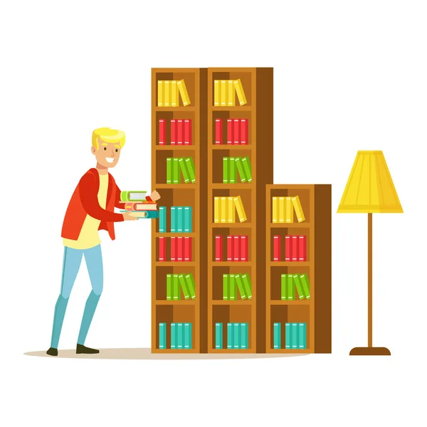 MN verzamelen van de boeken uit de boekenkast, lachend persoon In de bibliotheek vectorillustratie — Stockvector