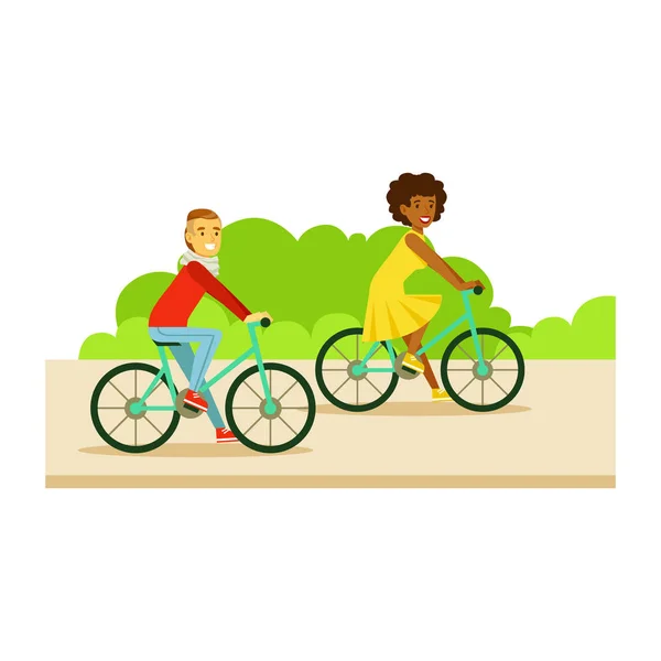 Ο τύπος και το κορίτσι ιππασία ποδήλατα, μέρος των ανθρώπων της σειράς δραστηριότητες πάρκο — Διανυσματικό Αρχείο