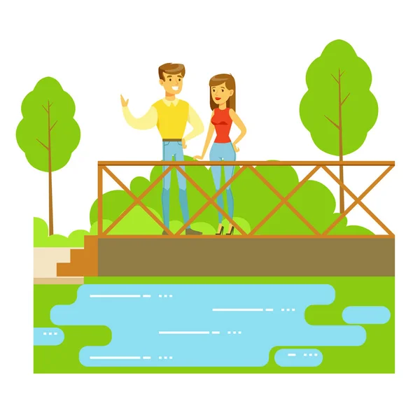 川、公園活動シリーズの人々 の一部を見て橋の上に立っている若いカップル — ストックベクタ