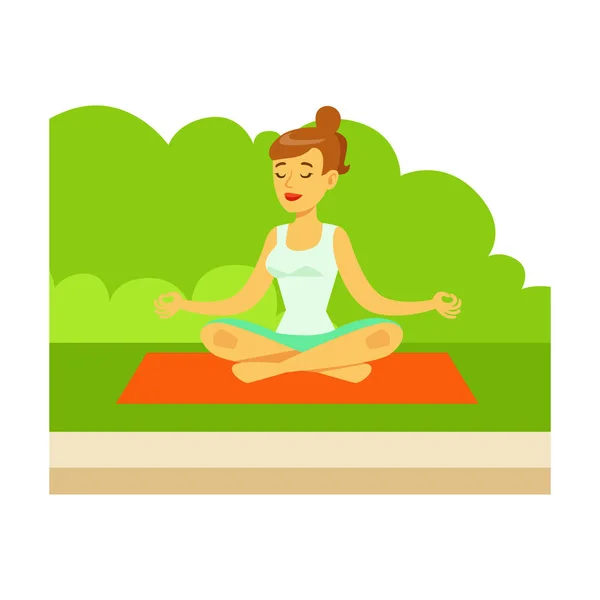 Kobieta robi ćwiczenia jogi i Medtating w pozycji lotosu, na trawie, część osób z serii działań Park — Wektor stockowy