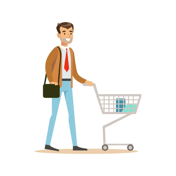 Uomo con carrello e borsetta nei grandi magazzini, personaggio dei cartoni animati che compra cose nel negozio — Vettoriale Stock