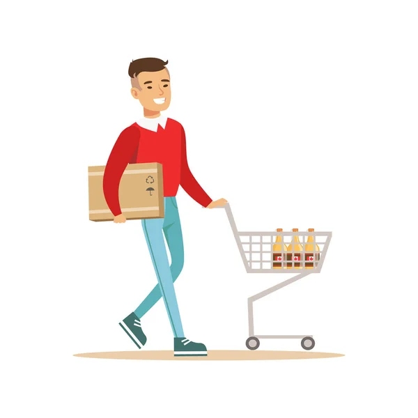 Hombre asiático con carro y caja de cartón Compras en grandes almacenes, personaje de dibujos animados comprar cosas en la tienda — Vector de stock