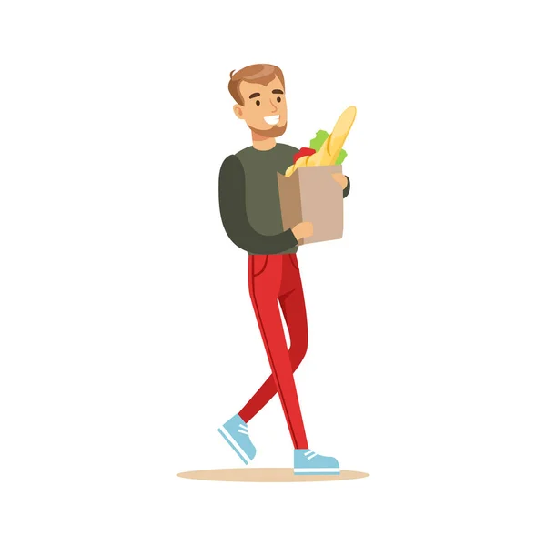 Homme avec sac en papier d'épicerie faisant du shopping dans un grand magasin, personnage de bande dessinée achetant des choses dans le magasin — Image vectorielle
