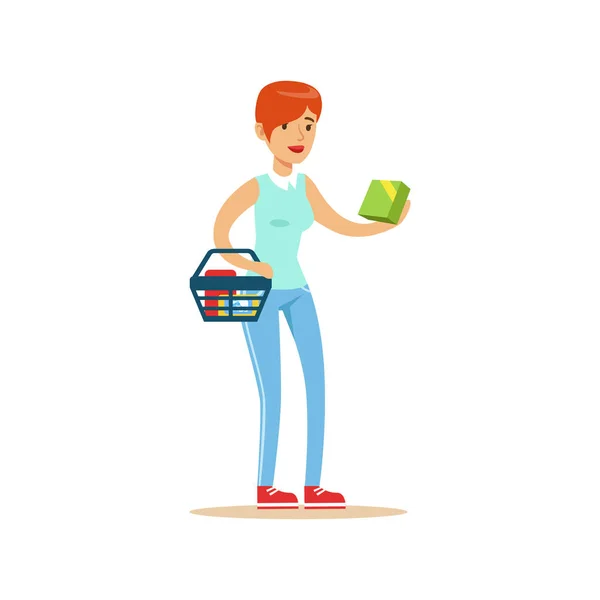 Mujer con cesta de compras en los grandes almacenes, personaje de dibujos animados comprar cosas en la tienda — Archivo Imágenes Vectoriales