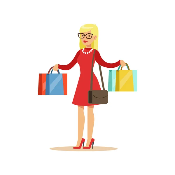 Donna con molte borse di carta Shopping nei grandi magazzini, personaggio dei cartoni animati acquistare cose nel negozio — Vettoriale Stock