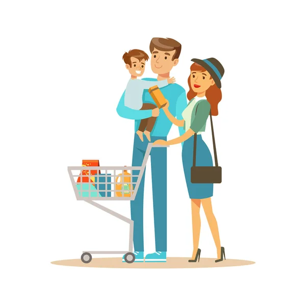 White Family With Cart Shopping In Department Store ,Cartoon Character Buying Things In The Shop — Stock Vector